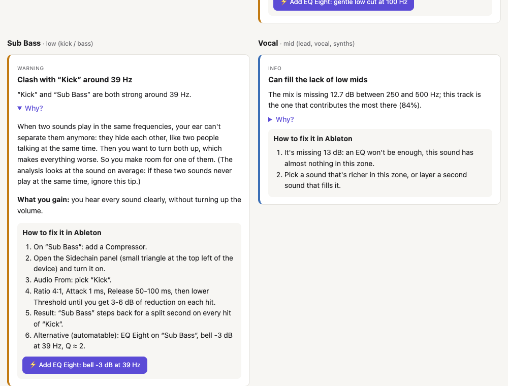 A MixCoach tip with its explanation, steps and one-click fix